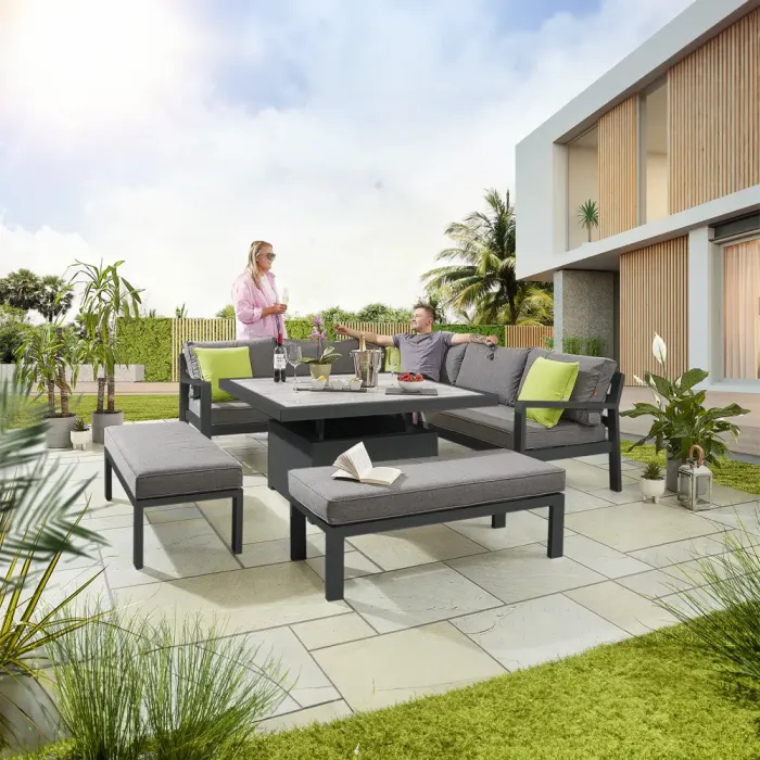 Grey Tutbury Square Dual Height Table with Corner Sofa and 2 Large Benches