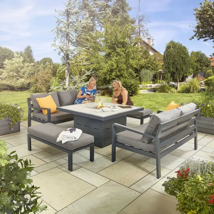 Grey Tutbury Firepit Table with 2 Sofas and 2 Large Benches