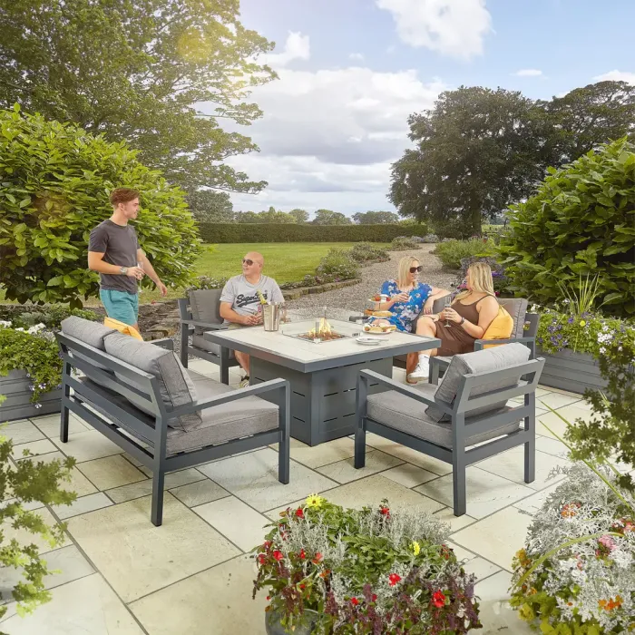 Grey Tutbury Firepit Table with 2 Sofas and 2 Chairs
