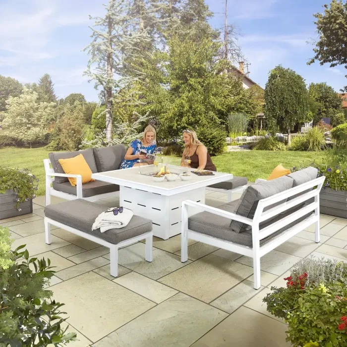 White Tutbury Firepit Table with 2 Sofas and 2 Large Benches