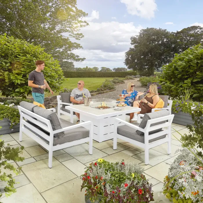 White Tutbury Firepit Table with 2 Sofas and 2 Chairs
