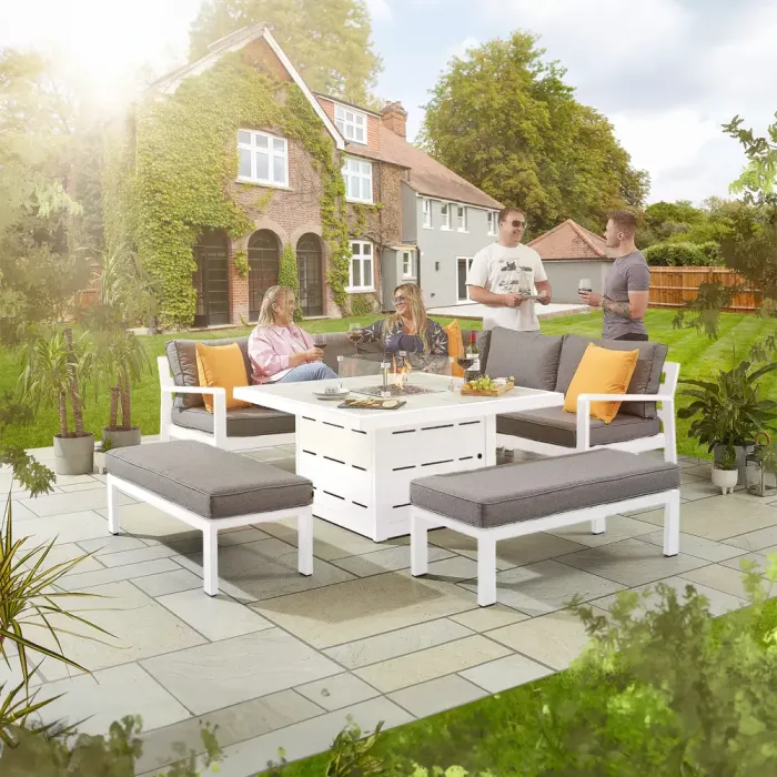 White Tutbury Firepit Table with Corner Sofa and 2 Large Benches