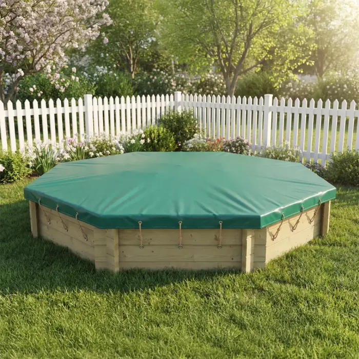 Wooden Sandpit - 10ft Octagonal – 429mm Height – 44mm Thick Wall inc Tarpaulin Cover