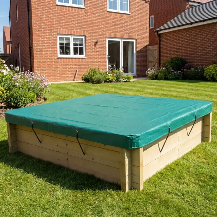 Wooden Sandpit - 1.5m x 1.5m – 429mm Height – 44mm Thick Wall - Inc Tarpaulin Cover