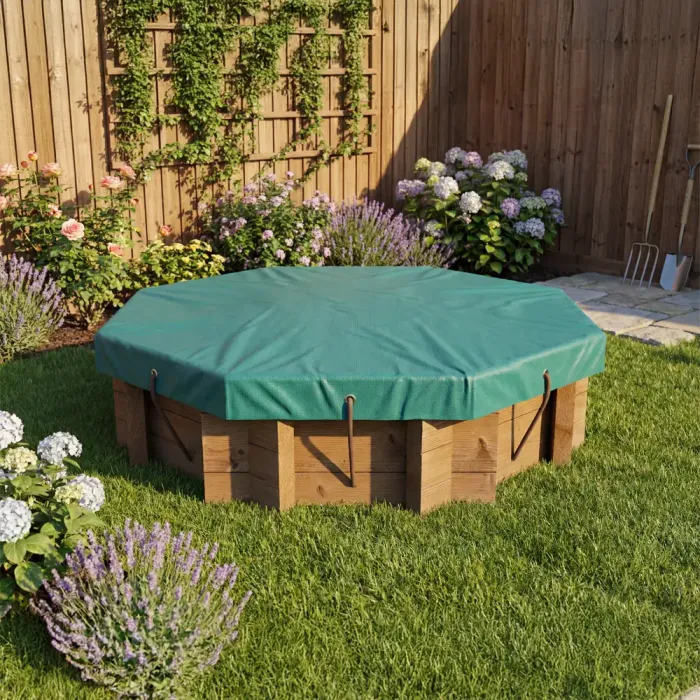 Wooden Sandpit - 4ft Octagonal – 295mm Height – 44mm Thick Wall inc Tarpaulin Cover