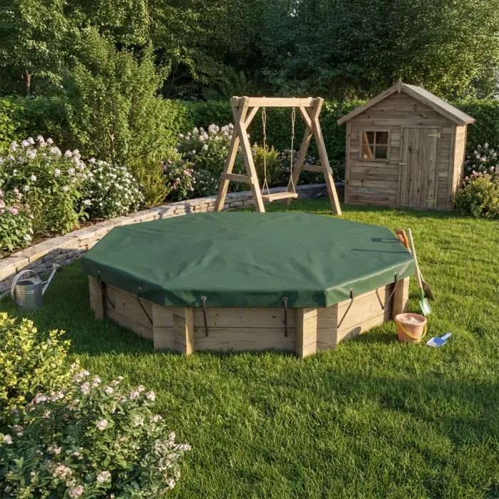 Wooden Sandpit - 6ft Octagonal – 295mm Height – 44mm Thick Wall inc Tarpaulin Cover
