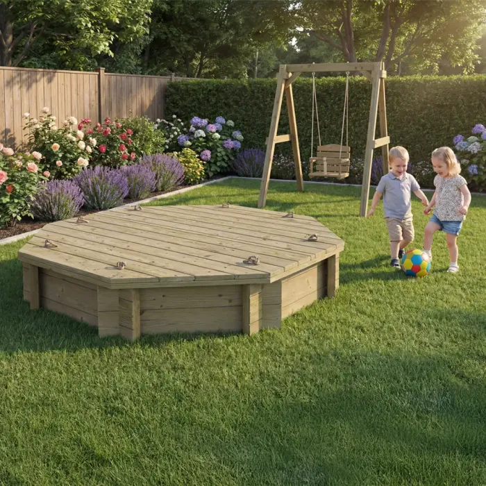 Wooden Sandpit - 6ft Octagonal – 295mm Height – 44mm Thick Wall - Inc Heavy Duty Lid