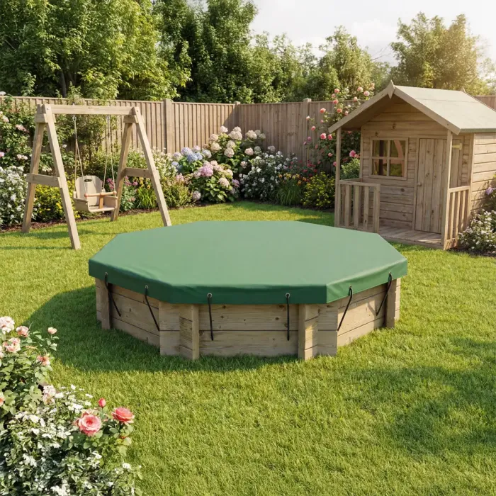 Wooden Sandpit - 6ft Octagonal – 429mm Height – 44mm Thick Wall inc Tarpaulin Cover